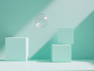 Abstract Pastel Green Cubes and Glass Sphere Product Display Background