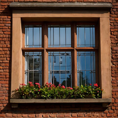 A closed wooden window with metal bars and flower boxes on a brick building