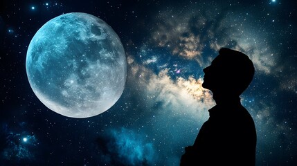 Silhouette Man Gazing at Giant Blue Moon and Milky Way