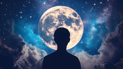 Silhouette Boy Mystical Night Sky Full Moon Dreamy Space