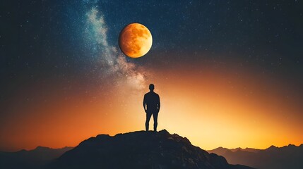 Solitary Figure on Mountaintop under Giant Moon and Milky Way