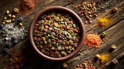 Pet food bowl with organic ingredients on wooden background
