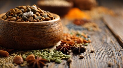 Pet food bowl with organic ingredients on wooden background
