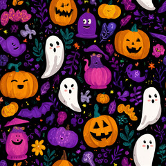 Cute purple and black themed halloween seamless pattern