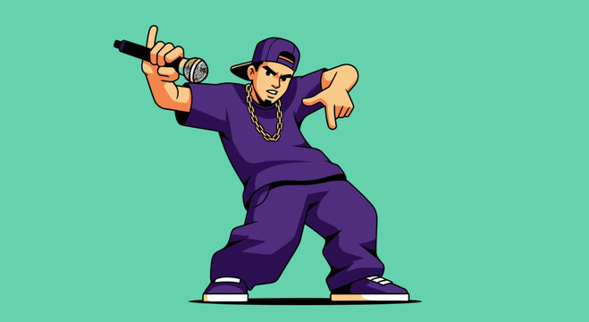 Energetic cartoon rapper in purple streetwear with a gold chain holding a microphone and gesturing.