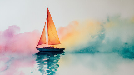 Watercolor sailboat, with dreamy rainbow colors