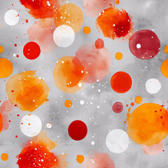 Watercolor splashes with grey, orange, white and red dots, Seamless pattern background