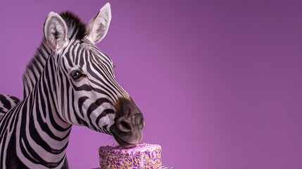 Zebra with a happy birthday cake, copyspace, on purple background