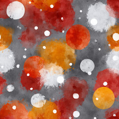 Watercolor splashes with grey, orange, white and red dots, Seamless pattern background