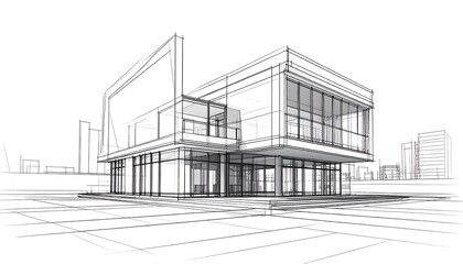 Architectural design sketch of a modern building with a contemporary aesthetic, featuring a complex facade and elevated structure.