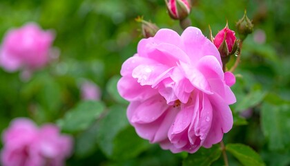 A vibrant pink rose, covered in delicate water droplets, stands out against a backdrop of lush, out-of-focus green foliage.
