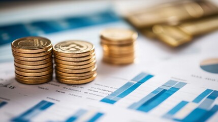 Stacks of golden coins, likely crypto, on financial documents