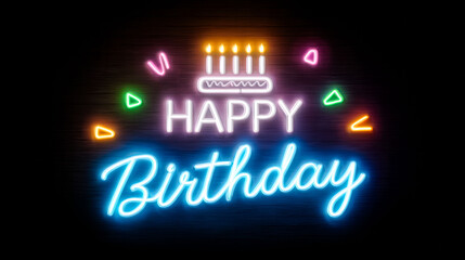 A neon sign that says Happy Birthday. The sign is lit up and has a cake on it
