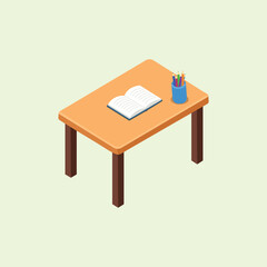 Illustration of an isometric study table with an open book and a colored pencil case, a symbol of educational atmosphere and creativity.