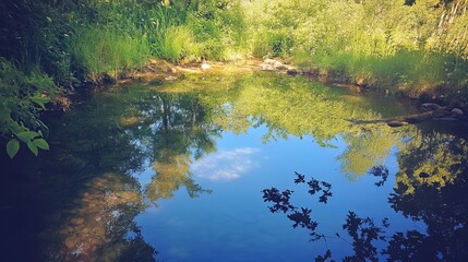 Tranquil creek reflecting a summer sky. Lush greenery surrounds a calm, still body of water