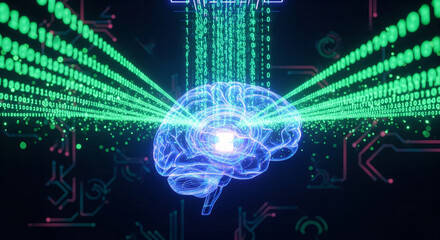 glowing binary code streams flowing into a 3D brain structure