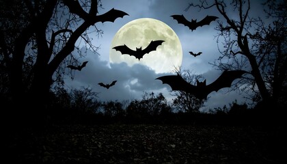 Silhouettes of bats fly against a full moon over a dark, spooky woodland scene.