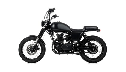 A stylish, black motorcycle, presented in profile view, stands out against a plain white background.