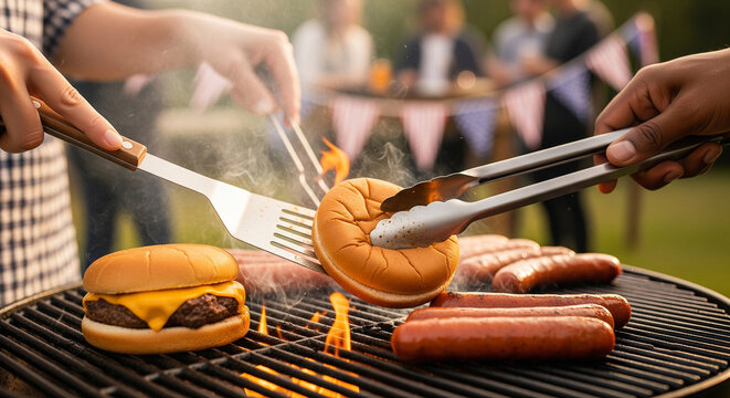 sizzling burgers and hotdogs on a backyard grill, diverse hands holding spatulas and tongs, festive Labor Day cookout - Powered by Adobe