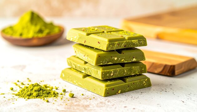 Stacked matcha green chocolate bars sit atop a white surface, with matcha powder scattered around.