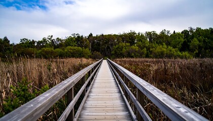 Fototapeta premium A tranquil wooden boardwalk extends through a marsh, leading to a line of trees under a cloudy sky.