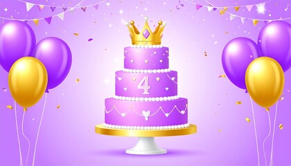 A three-tiered purple birthday cake, adorned with a golden crown and the number four, sits on a golden stand amidst purple balloons and confetti, creating a festive and celebratory scene.