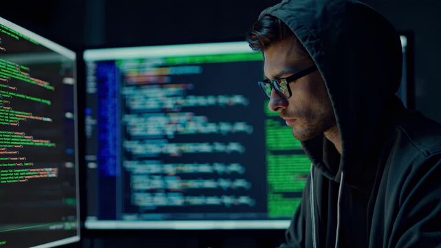Young man in a hoodie intensely focused on computer code on multiple screens