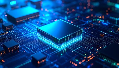 Obraz premium High-tech circuit board with glowing central processor