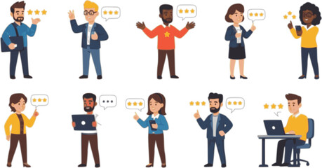People rate product or service with five stars, good reviews set. Positive customer feedback in social media, characters rate quality with thumbs up and okay gestures cartoon vector illustration 