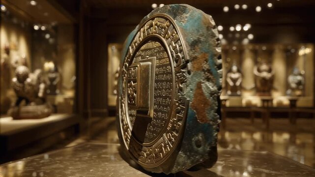 Ancient Mayan artifact with intricate carvings displayed in museum. Circular stone relic with hieroglyphics. Archaeological discovery from pre-Columbian civilization.