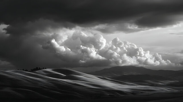 Dark clouds loom over rolling hills at dusk in a serene landscape surrounded by distant mountains Generative AI