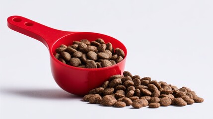 Fototapeta premium Pet food measuring cup with kibble spilling out on white background