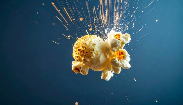Exploding popcorn in mid-air against a dark blue background, creating a dynamic visual