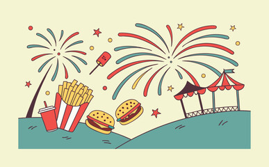 A festival of exploding fireworks turning into fast food delights such as fried chicken, fries, burgers, popcorn, and candy treats.