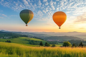 Obraz premium Two hot air balloons float over a landscape at sunrise. Lush green fields and hills stretch into the distance