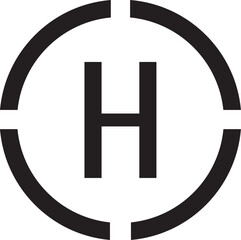 A clear black and white helipad icon with a bold 'H' in the center, symbolizing air transport, emergency services, and aviation infrastructure