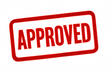 Transparent-background red approval stamp marking official document validation, signifying authorized acceptance and verification