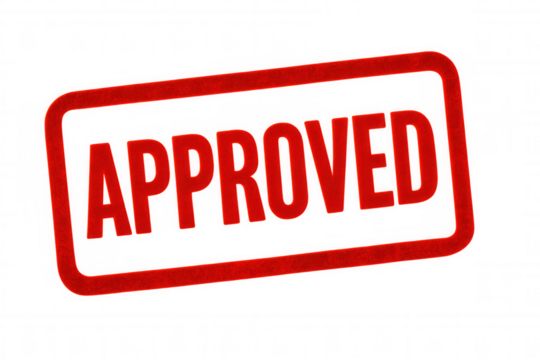 Transparent-background red approval stamp marking official document validation, signifying authorized acceptance and verification