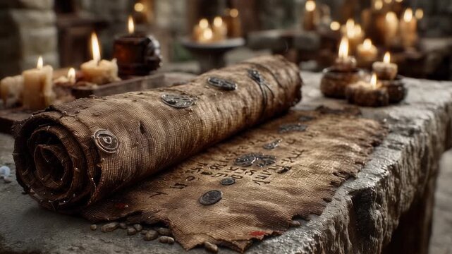 Ancient scroll on stone table with burning candles. Historical artifact discovery. Medieval manuscript in dimly lit room. Archeology and ancient civilization research concept.