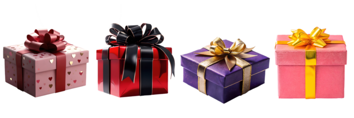 Four vibrant gift boxes with unique designs and bows are displayed in a row, highlighting textures and colors, ideal for festive celebrations and gifting moments
