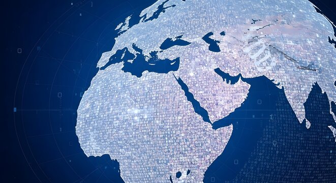 Visualisasikan aliran data global dengan konsep peta dunia modern ini, cocok untuk tema teknologi dan bisnis