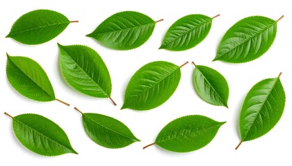 A symmetrical arrangement of vibrant green leaves, showcasing detailed textures and shapes against a pristine white background.