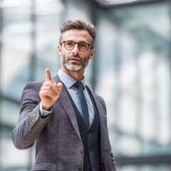 Confident executive pointing while standing in modern city