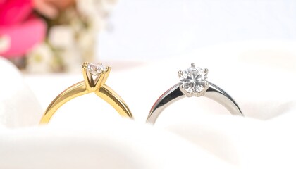 Two elegant diamond engagement rings, one gold and one silver, rest on a soft white surface, showcasing the brilliance of the gems.