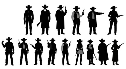 Striking vector collection of Old West characters, showcasing male and female figures in traditional attire, equipped with firearms, ideal for graphic design