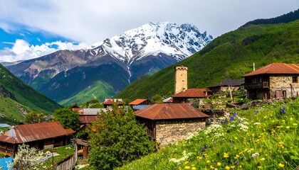 A picturesque mountain village nestled amongst verdant hills and snow-capped peaks, showcasing traditional stone structures with vibrant roofs.