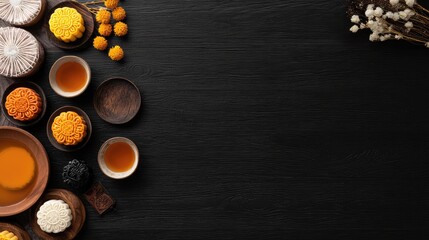 Assorted mooncakes and teacups on a dark wooden surface.