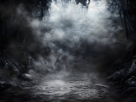 Dark Cave Entrance Foggy Mysterious Fantasy Background