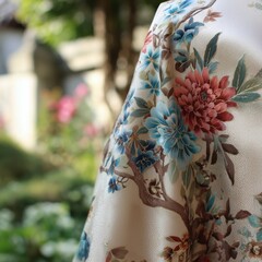 Close-up of floral kimono fabric with traditional design