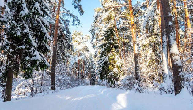 A sunlit winter wonderland; snow-dusted trees line a pristine path through a dense forest. - Powered by Adobe